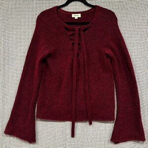L’Agence Lace-Up Candela Sweater in Burgundy, Bell Sleeves, Size Small